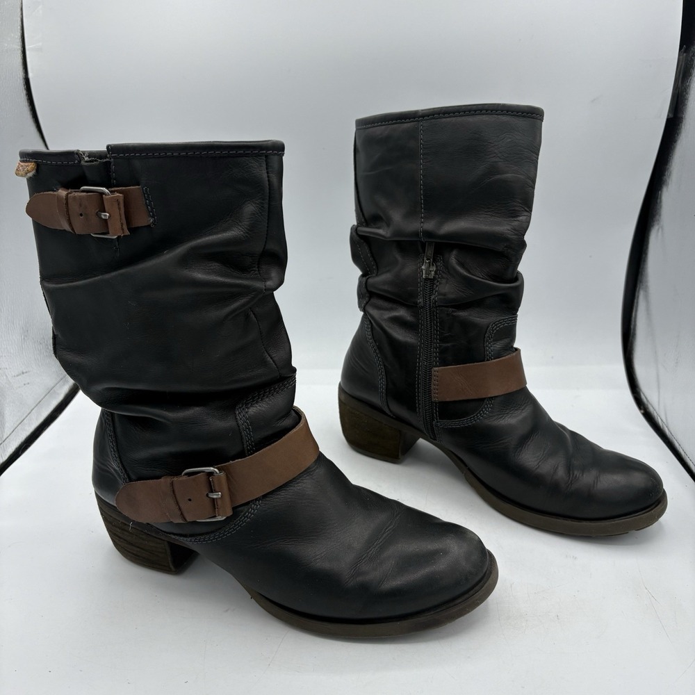 Pikolinos‎ Boots Womens Size 7 EU 38 Le Mans Moto Black Mid Calf Slouch Buckles
